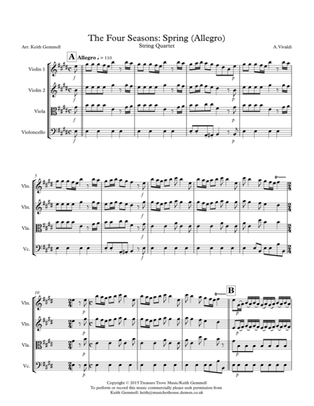 The Four Seasons Spring String Quartet Sheet Music