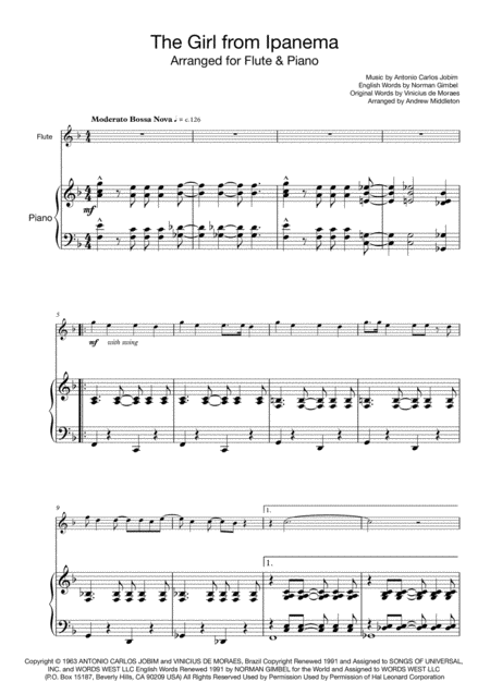 Free Sheet Music The Girl From Ipanema For Flute And Piano