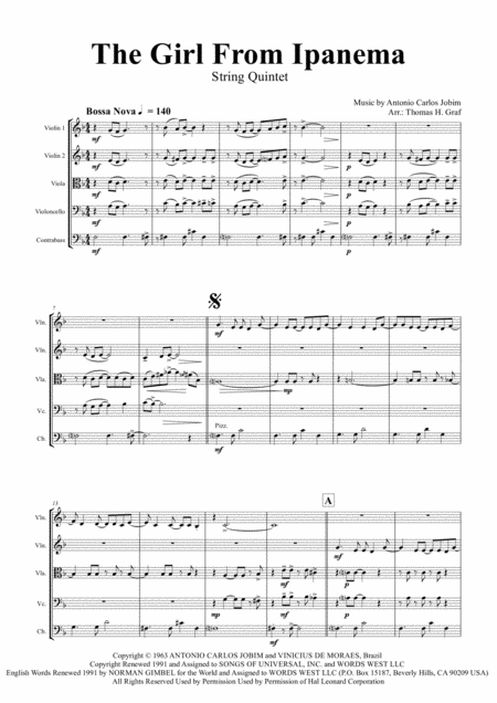 The Girl From Ipanema Garota De Ipanema Jobim Bossa Nova String Quintet Sheet Music