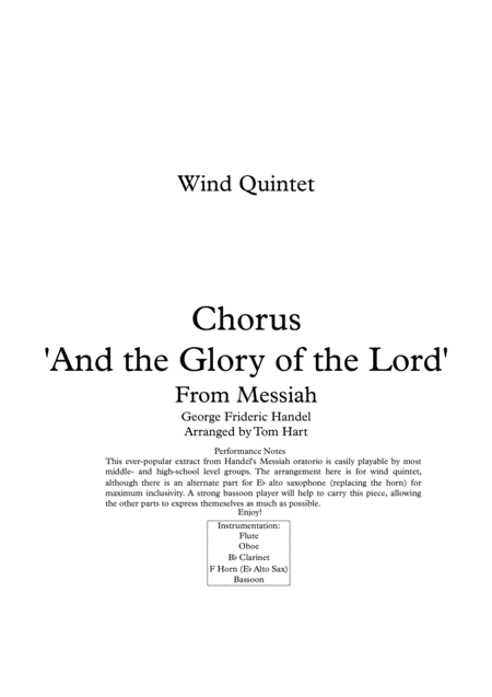 Free Sheet Music The Glory Of The Lord Messiah Wind Quintet