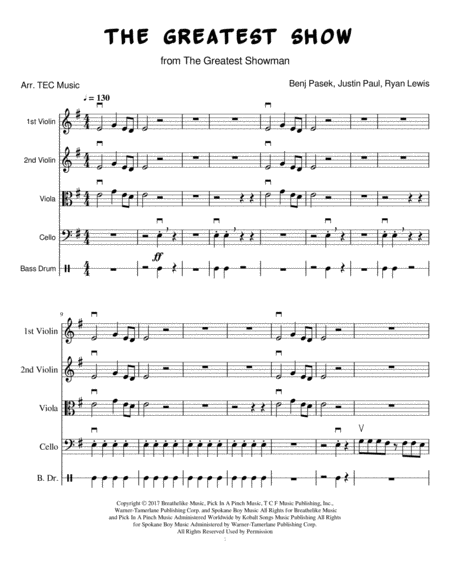 The Greatest Show Easy String Quartet Sheet Music