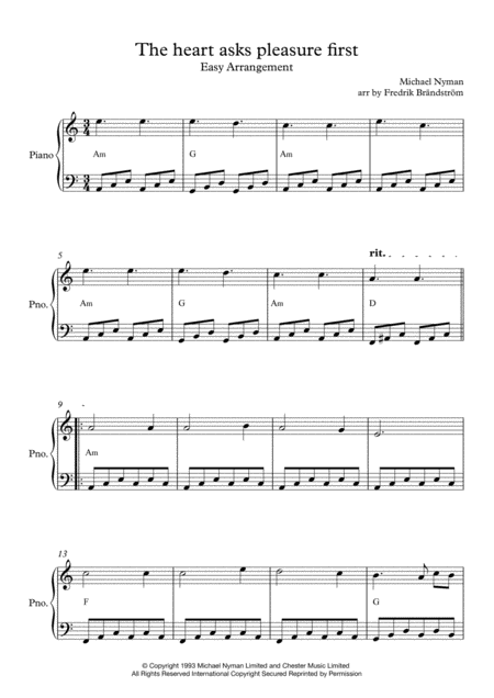 The Heart Asks Pleasure First Easy Arrangement Sheet Music