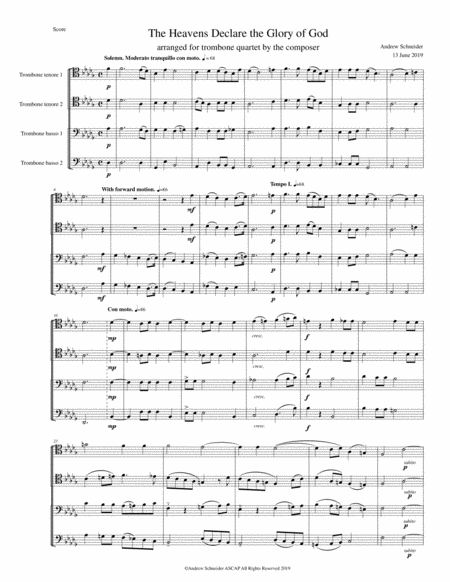 Free Sheet Music The Heavens Declare The Glory Of God Arranged For Trombone Quartet