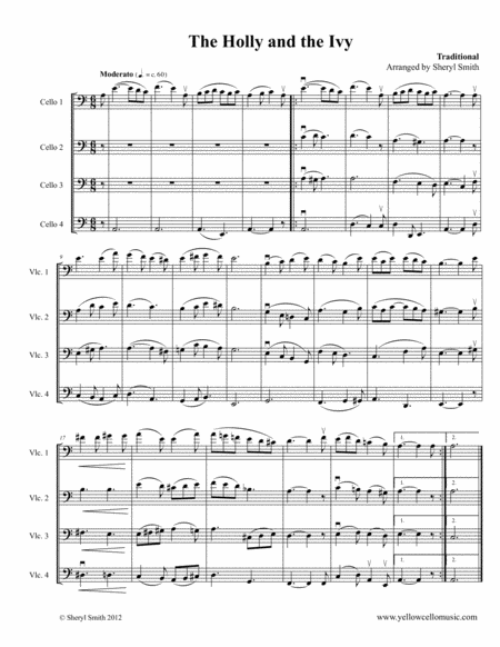 The Holly And The Ivy A Traditional Hymn Arranged For Four Intermediate Cellos Cello Quartet Sheet Music