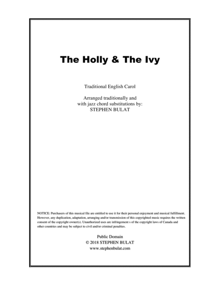 The Holly And The Ivy Lead Sheet Arranged In Traditional And Jazz Style Key Of G Sheet Music