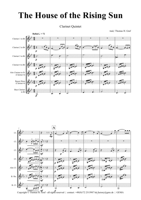 The House Of The Rising Sun Folk Song Clarinet Quintet Sheet Music