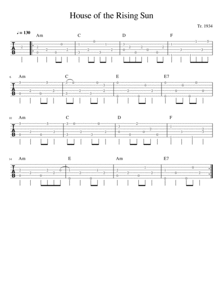 The House Of The Rising Sun In 4 4 Time Old Time Fingerstyle Tab Sheet Music