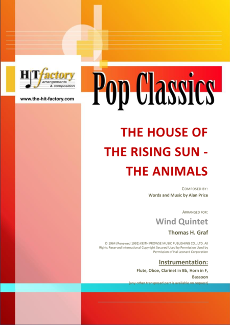 The House Of The Rising Sun The Animals 1964 Wind Quintet Sheet Music