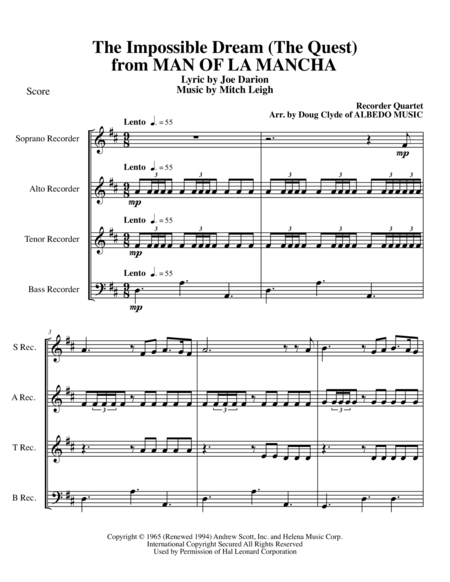 The Impossible Dream The Quest From Man Of La Mancha For Recorder Quartet Sheet Music