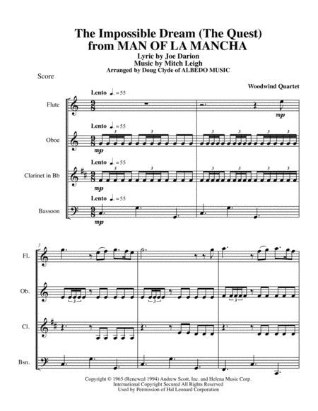 The Impossible Dream The Quest From Man Of La Mancha For Woodwind Quartet Sheet Music