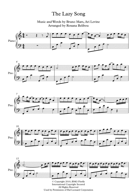 The Lazy Song C Major By Bruno Mars Piano Sheet Music