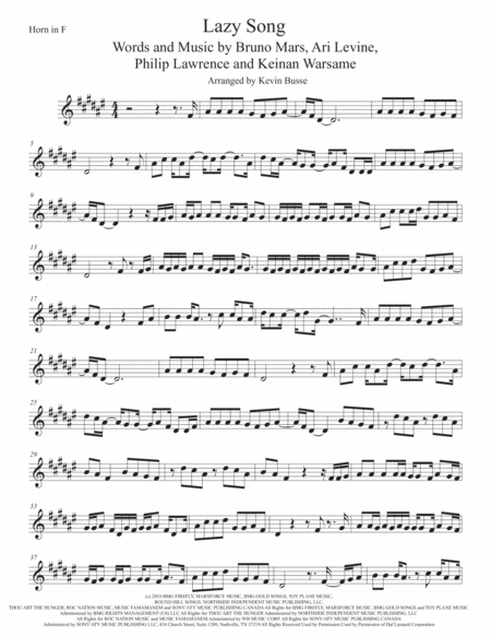 Free Sheet Music The Lazy Song Horn In F Original Key