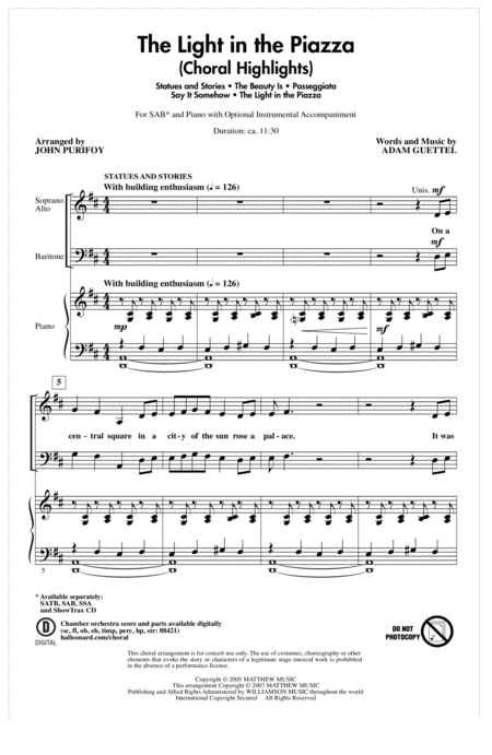 The Light In The Piazza Choral Highlights Arr John Purifoy Sheet Music