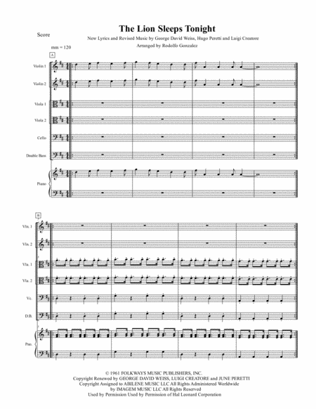 The Lion Sleeps Tonight For String Orchestra And Piano Sheet Music