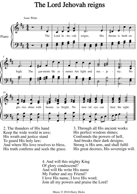 The Lord Jehovah Reigns A New Tune To A Wonderful Isaac Watts Hymn Sheet Music