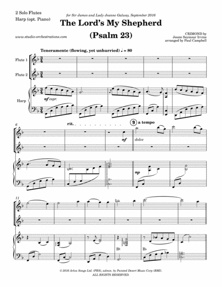 The Lords My Shepherd Psalm 23 For 2 Flutes And Harp Or Piano Sheet Music