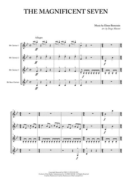 Free Sheet Music The Magnificent Seven For Clarinet Quartet