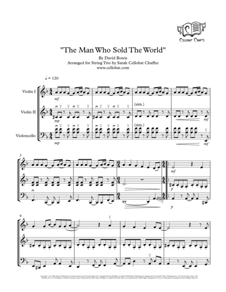 The Man Who Sold The World String Trio 2 Violins Cello David Bowie Arr Cellobat Sheet Music