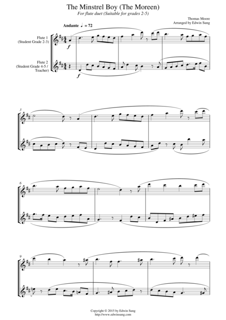 Free Sheet Music The Minstrel Boy The Moreen For Flute Duet Suitable For Grades 2 5