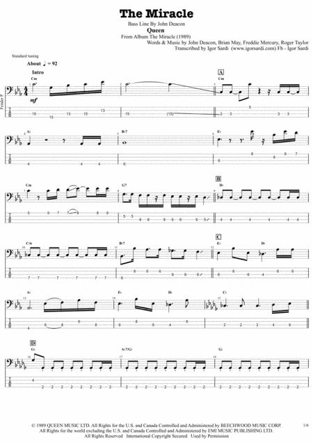 The Miracle Queen John Deacon Complete And Accurate Bass Transcription Whit Tab Sheet Music