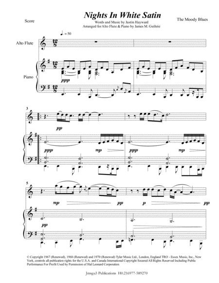 Free Sheet Music The Moody Blues Nights In White Satin For Alto Flute Piano