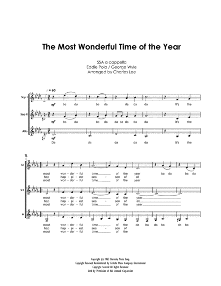 The Most Wonderful Time Of The Year Ssa A Cappella Trio Sheet Music