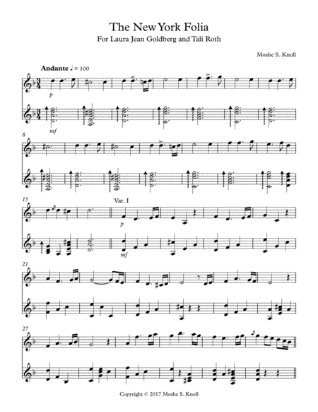 The New York Folia For Violin And Guitar Sheet Music