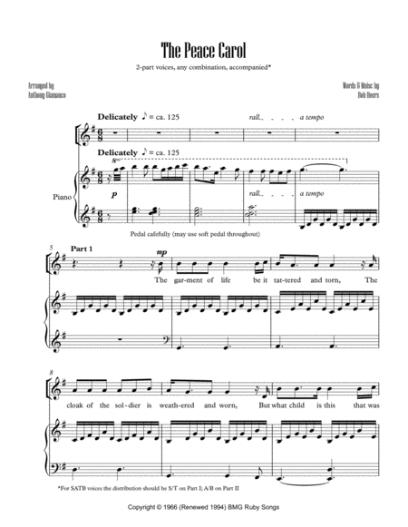 The Peace Carol 2 Part Sa Tb Or Mixed Voices And Piano 2018 Holiday Contest Entry Sheet Music