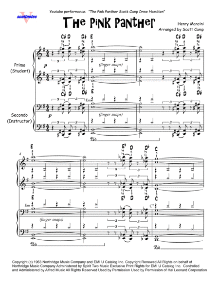Free Sheet Music The Pink Panther From The Pink Panther Piano Duet For Student With Instructor