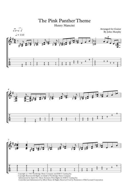 The Pink Panther Theme For Finger Style Guitar Solo Sheet Music