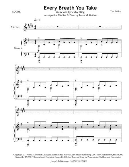 The Police Every Breath You Take For Alto Sax Piano Sheet Music