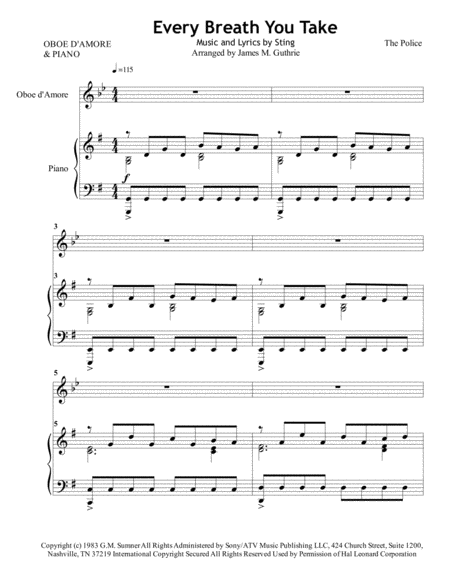 The Police Every Breath You Take For Oboe D Amore Piano Sheet Music