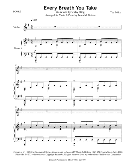 Free Sheet Music The Police Every Breath You Take For Violin Piano