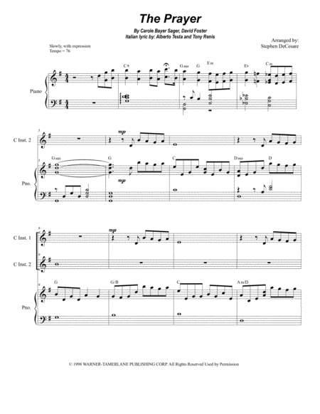 Free Sheet Music The Prayer Duet For C Instruments