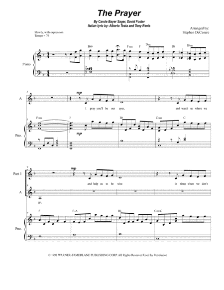 Free Sheet Music The Prayer For 2 Part Choir