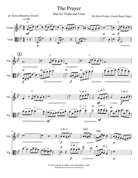 Free Sheet Music The Prayer For Violin And Viola Duo