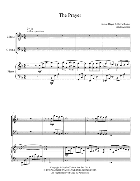 The Prayer Treble And Bass C Instrument Duet Sheet Music