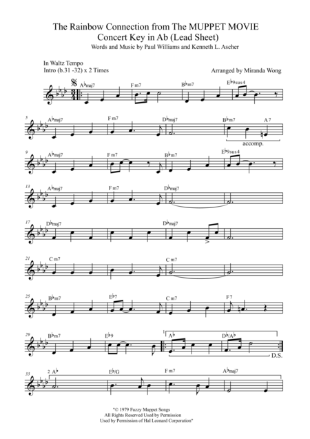 Free Sheet Music The Rainbow Connection Lead Sheet In Ab With Chords