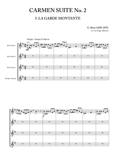 The Rising Guard From Carmen Suite No 2 For Clarinet Quartet Sheet Music