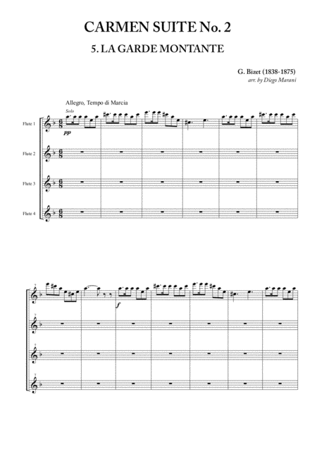 The Rising Guard From Carmen Suite No 2 For Flute Quartet Sheet Music