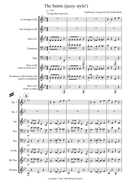 The Saints Jazzy Style For Brass Quintet Sheet Music