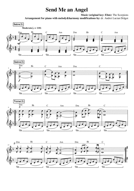 The Scorpions Send Me An Angel Arrangement For Piano Solo Including Separate Lead Sheet Early Intermediate Level Sheet Music