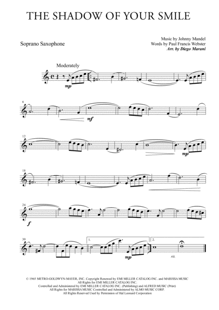 The Shadow Of Your Smile For Saxophone Quartet Sheet Music