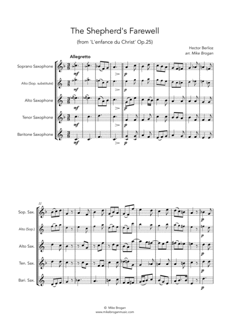 The Shepherds Farewell Berlioz Satb Or Aatb Saxophone Quartet Sheet Music