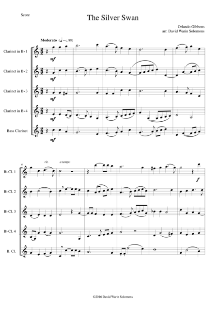 The Silver Swan For Clarinet Quintet 4 B Flats And 1 Bass Sheet Music