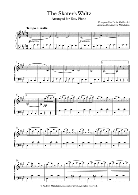 The Skaters Waltz Arranged For Easy Piano Sheet Music