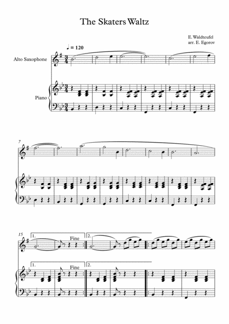 Free Sheet Music The Skaters Waltz Emile Waldteufel For Alto Saxophone Piano
