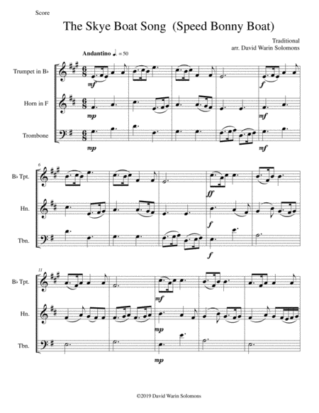 The Skye Boat Song Speed Bonny Boat For Brass Trio Trumpet Horn Trombone Sheet Music