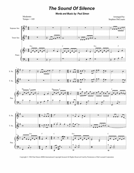 The Sound Of Silence Duet For Soprano Tenor Saxophone Sheet Music