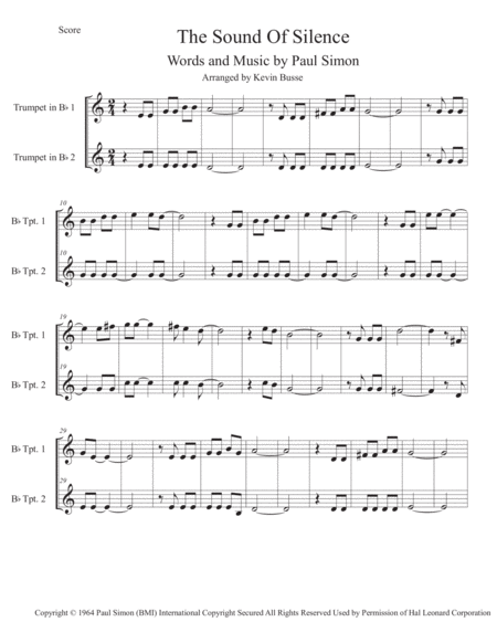 The Sound Of Silence Easy Key Of C Trumpet Duet Sheet Music